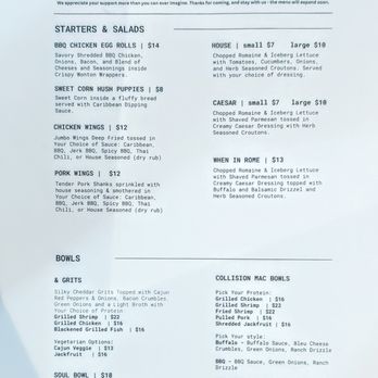 Collision Course - Wonderful Southern Fusion food from a small restaurant - owned by two super friendly humans 61 East Main Street, Westminster, MD - A menu from a Southern fusion restaurant lists starters, salads, bowls, and mac bowls with prices and descriptions, printed on white paper. - Breakfast & Brunch Near Me - Westminster, Maryland
