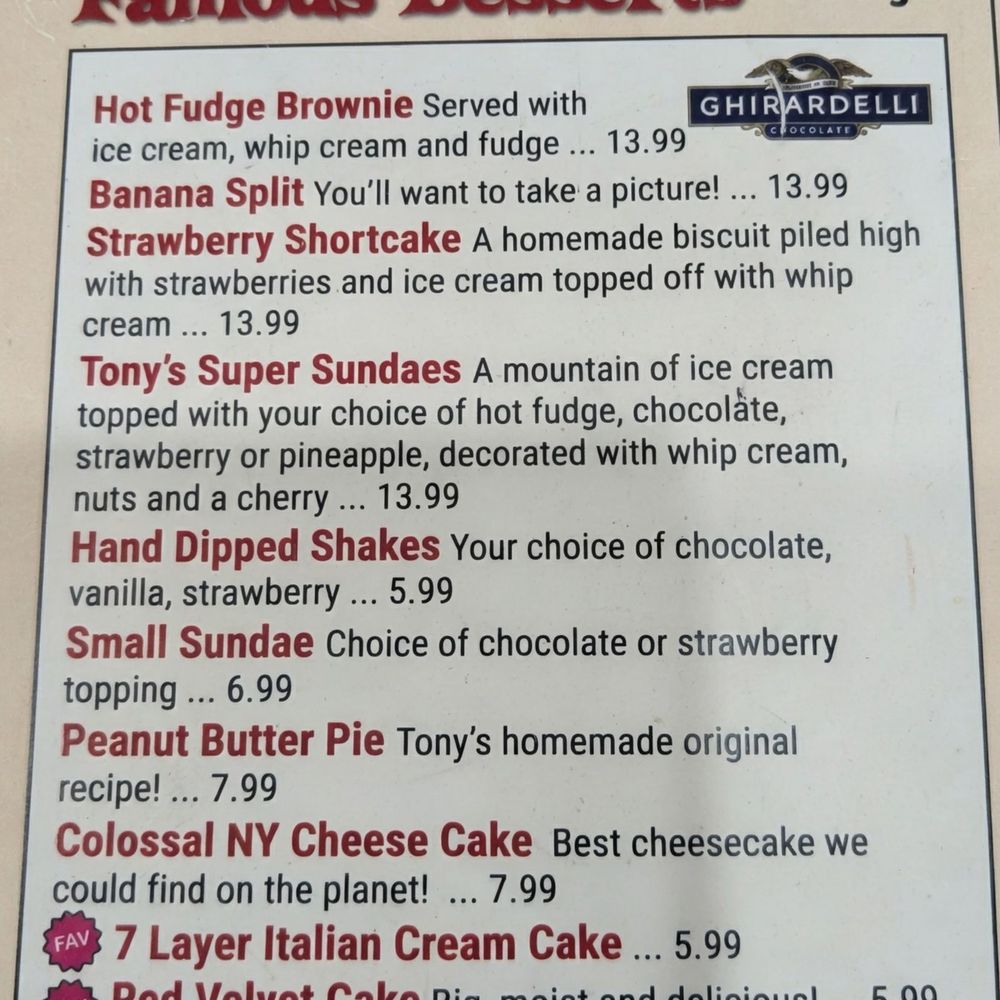 Tony's I-75 Restaurant - Desserts from the menu - Diners Near Me - Birch Run, Michigan Tony's I-75 Restaurant - Desserts from the menu - Diners Near Me - Birch Run, Michigan