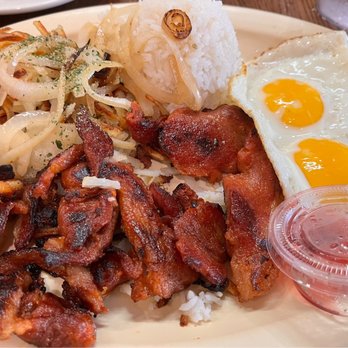 The Pantry - Tocino with split rice and hash browns and grilled onions over hash brown!! - Breakfast & Brunch Near Me - San Mateo, California