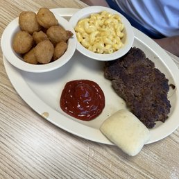 Hamburger steak, Mac and cheese, corn nuggets...all good!
