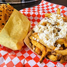 Swiss mushroom burger w/Greek fries Swiss mushroom burger w/Greek fries