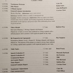 Sierra Speakers Toastmasters - Meeting agenda. Different meeting theme every week and we take turn to carry meeting roles.