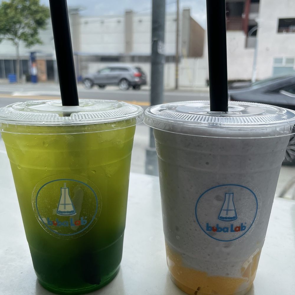 Peach green tea with pandan and House Made Natural Taro Cream with custard