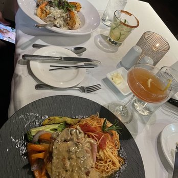 Ladera Grill - Chicken saltimbucca (w/requested side of capellini w/red sauce instead of potatoes), and shrimp risotto. Smoky jali Marg & Paper Plane. - American Near Me - Morgan Hill, California Ladera Grill - Chicken saltimbucca (w/requested side of capellini w/red sauce instead of potatoes), and shrimp risotto. Smoky jali Marg & Paper Plane. - American Near Me - Morgan Hill, California