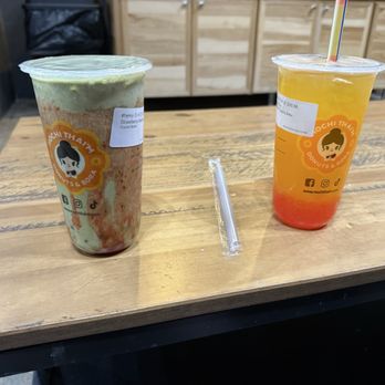 Mochi Thai'm Donuts - Strawberry milk matcha tea and a mango fruit tea - Donuts Near Me - Colorado Springs, Colorado Mochi Thai'm Donuts - Strawberry milk matcha tea and a mango fruit tea - Donuts Near Me - Colorado Springs, Colorado