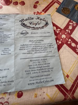 Menu photo 1 Mallie Kylas Cafe Brooksville, FL