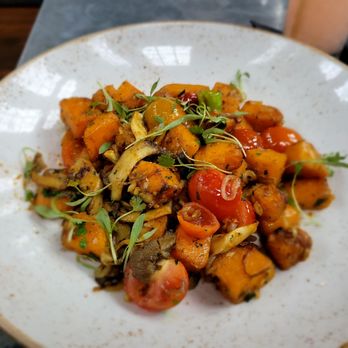 The Ice Plant - Chef created a vegan meal just for me! Roasted butternut squash, cherry tomatoes,  onion, peppers and mushrooms. - Cocktail Bars Near Me - St. Augustine, Florida