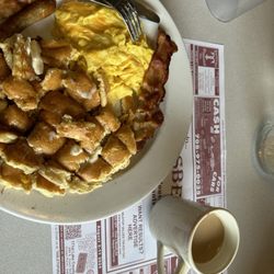 Kingsberry Waffle House - Double Chicago which includes 2 Pancakes, 2 Eggs with Cheese, 2 Sausages and 2 Slices of Bacon with Coffee
