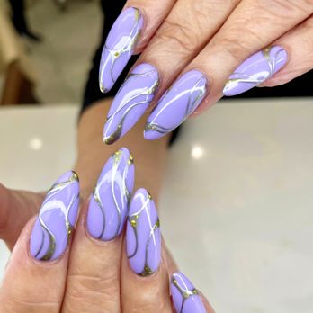 Peacock Nails - Trendy purple nails with silver polish - Nail Salons Near Me - Lemon Grove, California