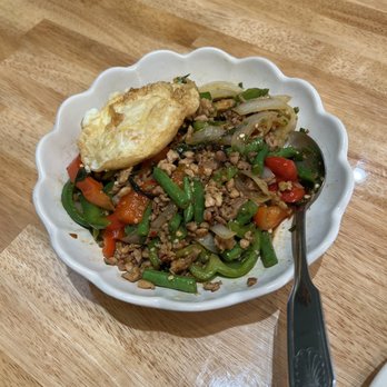 Basil & Co - Hot basil with ground chicken and fried egg - Thai Near Me - Diamond Bar, California Basil & Co - Hot basil with ground chicken and fried egg - Thai Near Me - Diamond Bar, California