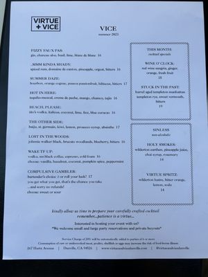 Menu photo 4 Virtue + Vice Danville, CA