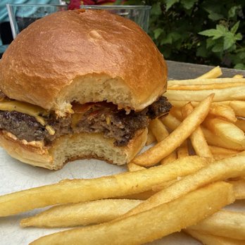 Bar Juillet - Happy hour burger-huge patty and lots of fries delicious! - Wine Bars Near Me - Ashland, Oregon