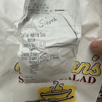 Nathan's Soup and Salad - Receipt with carrots written on it... - Soup Near Me - Rochester, New York