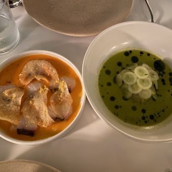 Maty's - Left: Kanpachi
(ajì dulce, lemon, ajì chararapita)
Right: Scallop Cebiche
(grapes, burnt serrano, cilantro) - Peruvian Near Me - Miami, Florida Maty's - Left: Kanpachi
(ajì dulce, lemon, ajì chararapita)
Right: Scallop Cebiche
(grapes, burnt serrano, cilantro) - Peruvian Near Me - Miami, Florida
