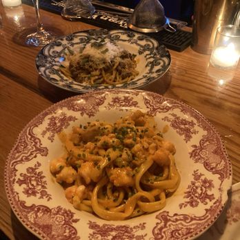 San Fermo - Saffron spaghetti bolognese in the back, and bucatini with shrimp - Italian Near Me - Seattle, Washington San Fermo - Saffron spaghetti bolognese in the back, and bucatini with shrimp - Italian Near Me - Seattle, Washington