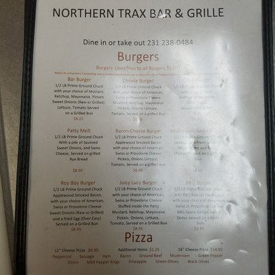 Menu photo 6 Northern Trax Bar and Grille Afton, MI