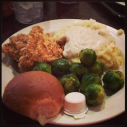 Giddings Downtown Restaurant - Fried chicken, brussel sprouts, mashed potatoes with white gravy and dinner roll!