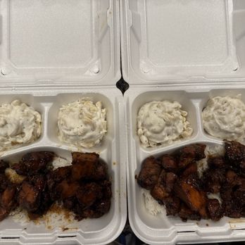 Hawaiian Bros - mixed plate with 2 different entrees..as you can see very little amount on both plates...look at the amount of mayo in the mac... - Hawaiian Near Me - Las Vegas, Nevada