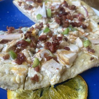 Willow Spring Mercantile - Buffalo Chicken Flatbread pizza on a gluten free crust - New American Near Me - Excelsior Springs, Missouri