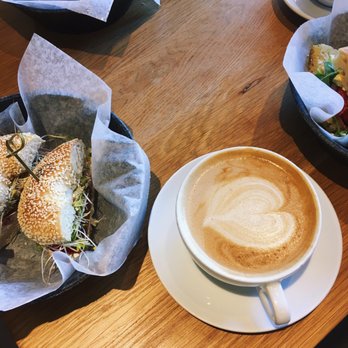 Pavement Coffeehouse - Vegan sunrise bagel and latte - Coffee & Tea Near Me - Boston, Massachusetts