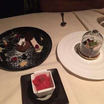 All Spice - Chocolate thing to the left (not on the menu, can't remember the name), berry sorbet, and chocolate terrarium to the right - Indian Near Me - San Mateo, California
