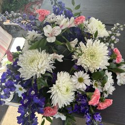 This was a biodegradable wreath for my cousins memorial. This beautiful arrangement went out to sea with my cousins ashes. This was a biodegradable wreath for my cousins memorial. This beautiful arrangement went out to sea with my cousins ashes.