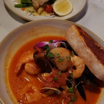 Bel Mare - Seafood soup with a spicy tomato broth and fresh grouper dinner. Both delicious - Italian Near Me - Key West, Florida