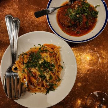 Dolly Olive - Left - bucatini pasta and right - meatballs - Italian Near Me - Portland, Oregon