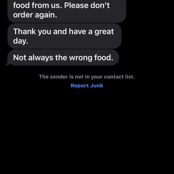 Chopstick Express - Texts exchange. - A screenshot of an iMessage conversation showing a message from Chopstick Express, advising not to order food again. - Chinese Near Me - Tempe, Arizona