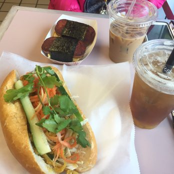 Megabytes Eatery - Lemongrass chicken banh mi with mango peach jelly tea and spam masubi with Vietnamese iced coffee - Delis Near Me - Chantilly, Virginia Megabytes Eatery - Lemongrass chicken banh mi with mango peach jelly tea and spam masubi with Vietnamese iced coffee - Delis Near Me - Chantilly, Virginia