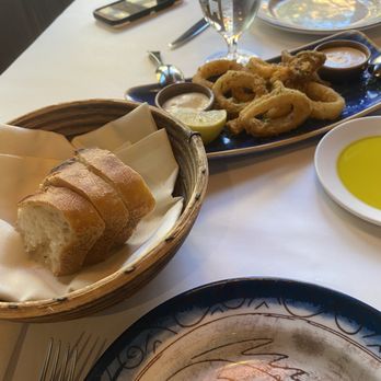 Evvia Estiatorio - Calamari and complimentary bread - Greek Near Me - Palo Alto, California