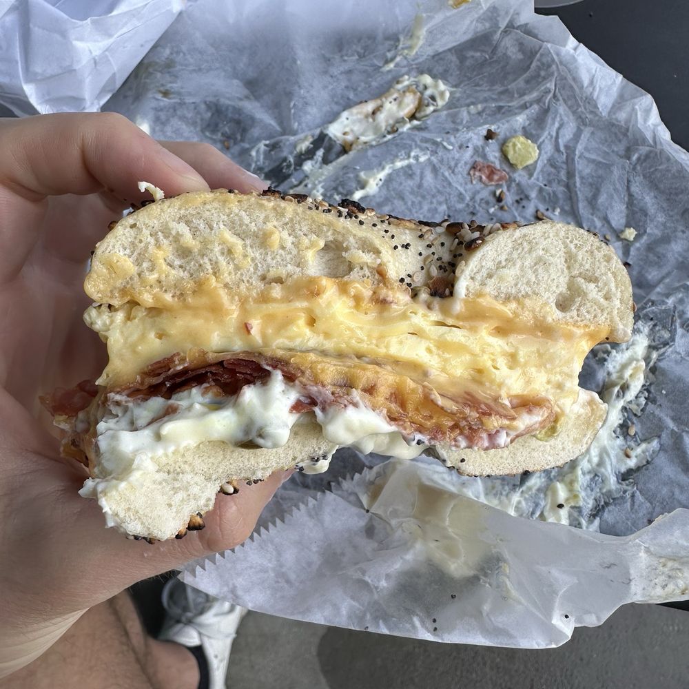Bagel Bin - Bacon egg and cheese with jalapeño cream cheese on an everything bagel - Bagels Near Me - Huntersville, North Carolina