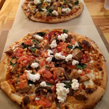 Snap Custom Pizza - Garlic+Diablo sauce (spicy), spinach, veal , corn, caramelized onions,tomatoes, spicy corn,mushrooms. Finished w/ goat cheese + truffle oil - Pizza Near Me - Bryn Mawr, Pennsylvania Snap Custom Pizza - Garlic+Diablo sauce (spicy), spinach, veal , corn, caramelized onions,tomatoes, spicy corn,mushrooms. Finished w/ goat cheese + truffle oil - Pizza Near Me - Bryn Mawr, Pennsylvania
