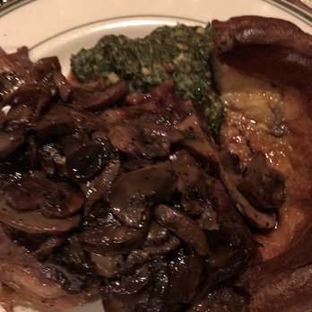 Gulliver's Restaurant - Prime Rib with creamed spinach and yorkshire pudding topped with sauteed mushrooms and onions (optional) - American Near Me - Irvine, California