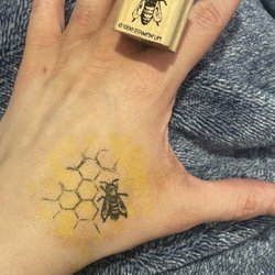 Checkered Cottage - Got a bee stamp that I used with makeup supplies and then hand-drew the little honeycombs