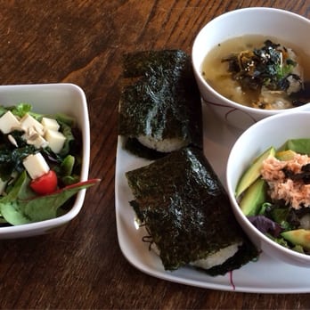 Ashbox - Tofu salad, spicy salmon and salted kelp onigiri, happy rice with mustard green, rice with avocado and salmon - Coffee & Tea Near Me - Brooklyn, New York