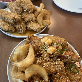Furai Chicken - Soy Garlic Wings (back) and Kang Jung Wings (front) - Korean Near Me - Garden Grove, California Furai Chicken - Soy Garlic Wings (back) and Kang Jung Wings (front) - Korean Near Me - Garden Grove, California