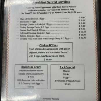 Don's Grill - Menu 10-2-2024 - The menu features breakfast items such as eggs with hash brown potatoes, toast, and various meats, with prices ranging from $9.49 to $13.99. It includes a chicken n' eggs dish with green peppers, onions, and tomatoes, served with eggs, hashbrowns, and toast for $10.99. Biscuit and gravy options include buttermilk biscuits topped with sausage gravy, with prices from $7.99 to $10.99. The 2 x 4 Special offers bacon, links, eggs, and pancakes or French toast for $9.49. The menu emphasizes breakfast and comfort food items, with a note about food safety advisories. - Burgers Near Me - Chicago, Illinois