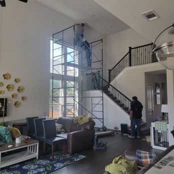 R R Restoration - Scaffolding being used to install rods and hang 20ft drapes/ curtains - Painters Near Me R R Restoration - Scaffolding being used to install rods and hang 20ft drapes/ curtains - Painters Near Me
