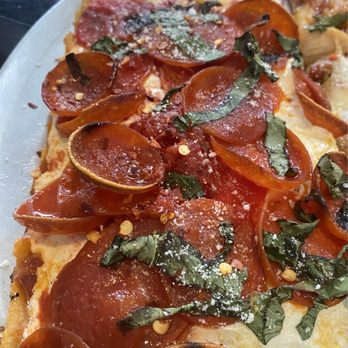 Sal's Pizza Factory - PEPPERONI SLICE (square with basil) - Pizza Near Me - Charlotte, North Carolina
