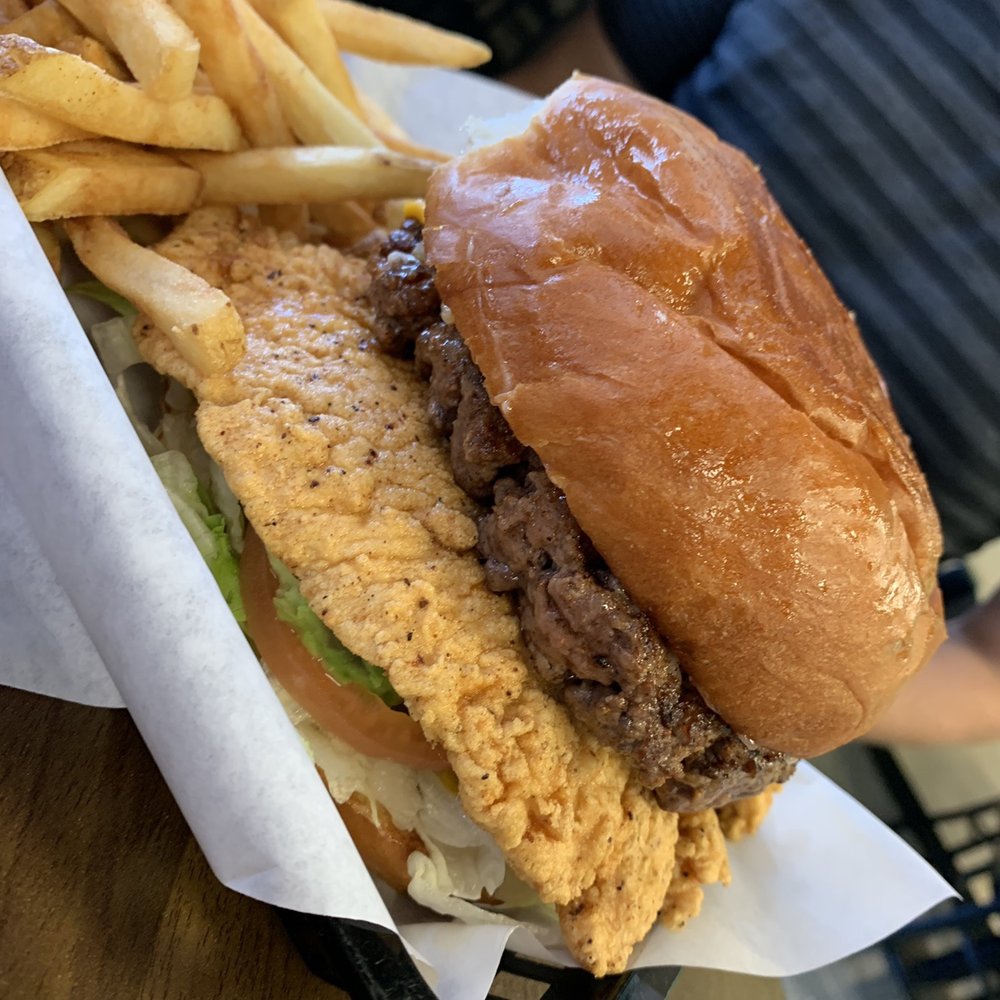 JLB Eatery - Burger with the grilled chicken fried!!!! Boyfriend was sweating when he FINISHED it - Burgers Near Me - Tomball, Texas JLB Eatery - Burger with the grilled chicken fried!!!! Boyfriend was sweating when he FINISHED it - Burgers Near Me - Tomball, Texas
