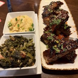 Thai Ribs, Roasted Corn Grits, Bacon Braised Collard Greens Thai Ribs, Roasted Corn Grits, Bacon Braised Collard Greens