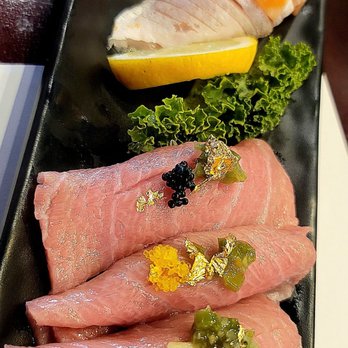 Fusion Sushi - Specially made Toro garnished with rainbow caviar and gold leaf and Salmon belly! Like butter! - Japanese Near Me - Anaheim, California Fusion Sushi - Specially made Toro garnished with rainbow caviar and gold leaf and Salmon belly! Like butter! - Japanese Near Me - Anaheim, California