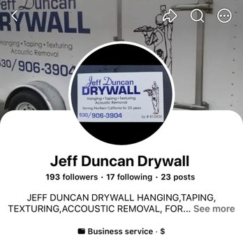 Jeff Duncan Drywall - Jeff's Facebook Page and business card with license #. - Drywall Installation & Repair Near Me