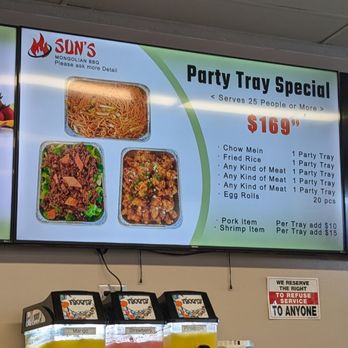 Sun's Mongolian BBQ - Party Tray Special for $169.99 - As of 7/24/24 - Chinese Near Me - Covina, California Sun's Mongolian BBQ - Party Tray Special for $169.99 - As of 7/24/24 - Chinese Near Me - Covina, California