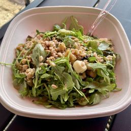 Farro salad with arugula, smoked provolone, roasted eggplant, roasted zucchini, roasted bell peppers, and a lemon dressing Farro salad with arugula, smoked provolone, roasted eggplant, roasted zucchini, roasted bell peppers, and a lemon dressing