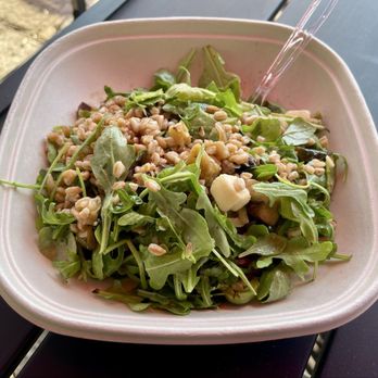 Pizza Volterra - Farro salad with arugula, smoked provolone, roasted eggplant, roasted zucchini, roasted bell peppers, and a lemon dressing - Gelato Near Me - Boerne, Texas Pizza Volterra - Farro salad with arugula, smoked provolone, roasted eggplant, roasted zucchini, roasted bell peppers, and a lemon dressing - Gelato Near Me - Boerne, Texas