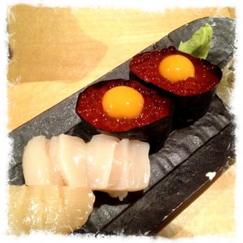 Toshi Sushi - Hotate (scallop) + Ikura (salmon roe and quail egg) Nigiri - Sushi Bars Near Me - Vancouver, British Columbia Toshi Sushi - Hotate (scallop) + Ikura (salmon roe and quail egg) Nigiri - Sushi Bars Near Me - Vancouver, British Columbia