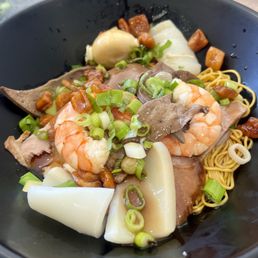 1) Dried House Special Egg Noodle With Oyster Sauce with BBQ Pork, Heart, Liver, Shrimp, Squid & Fish Ball ($12.99) 1) Dried House Special Egg Noodle With Oyster Sauce with BBQ Pork, Heart, Liver, Shrimp, Squid & Fish Ball ($12.99)
