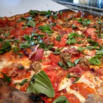 URBN - Bacon, pepperoni, sausage, tomato, basil, and garlic pie. Fabulous! - Pizza Near Me - Vista, California URBN - Bacon, pepperoni, sausage, tomato, basil, and garlic pie. Fabulous! - Pizza Near Me - Vista, California